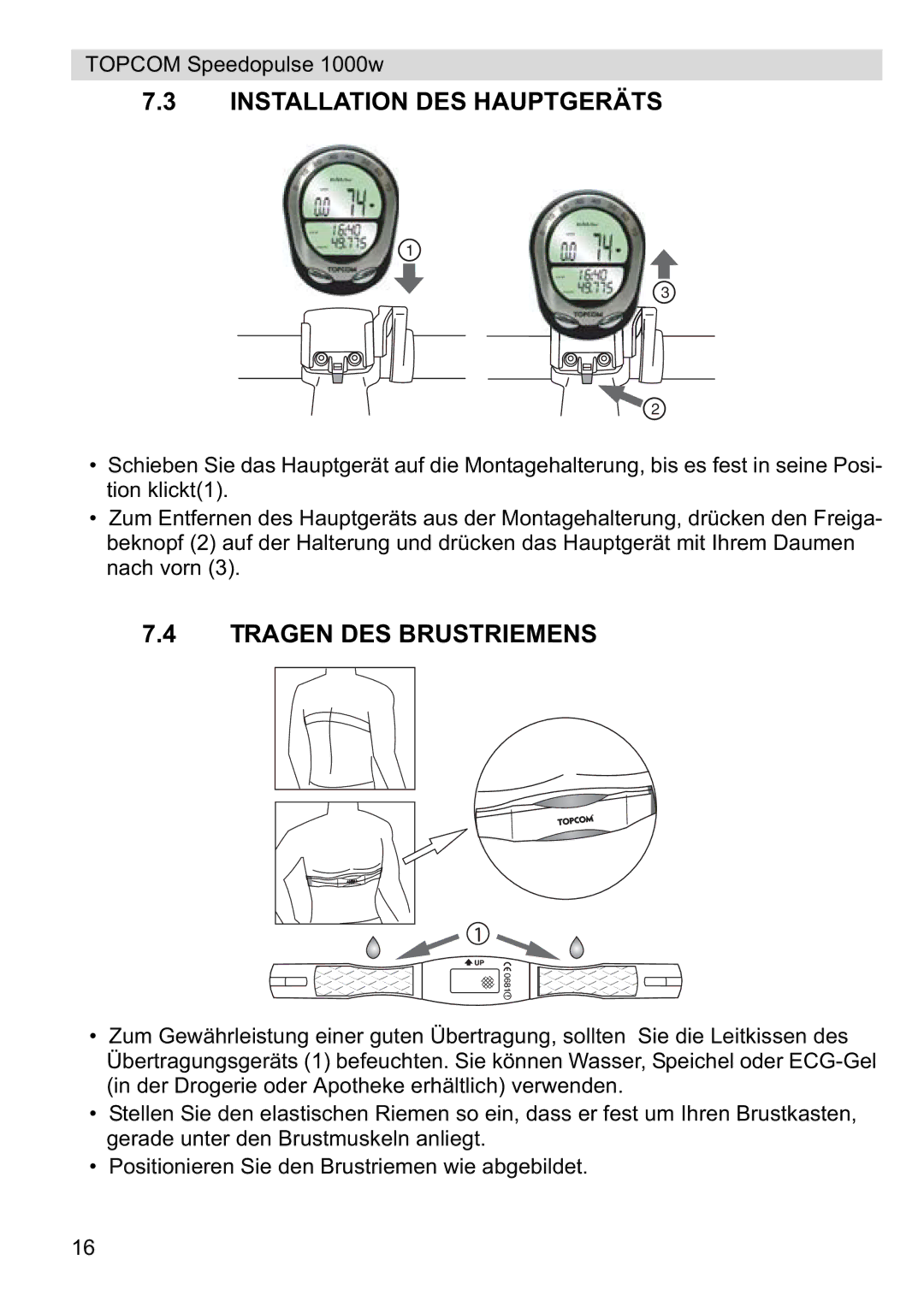 Topcom 1000W manual Installation DES Hauptgeräts, Tragen DES Brustriemens 