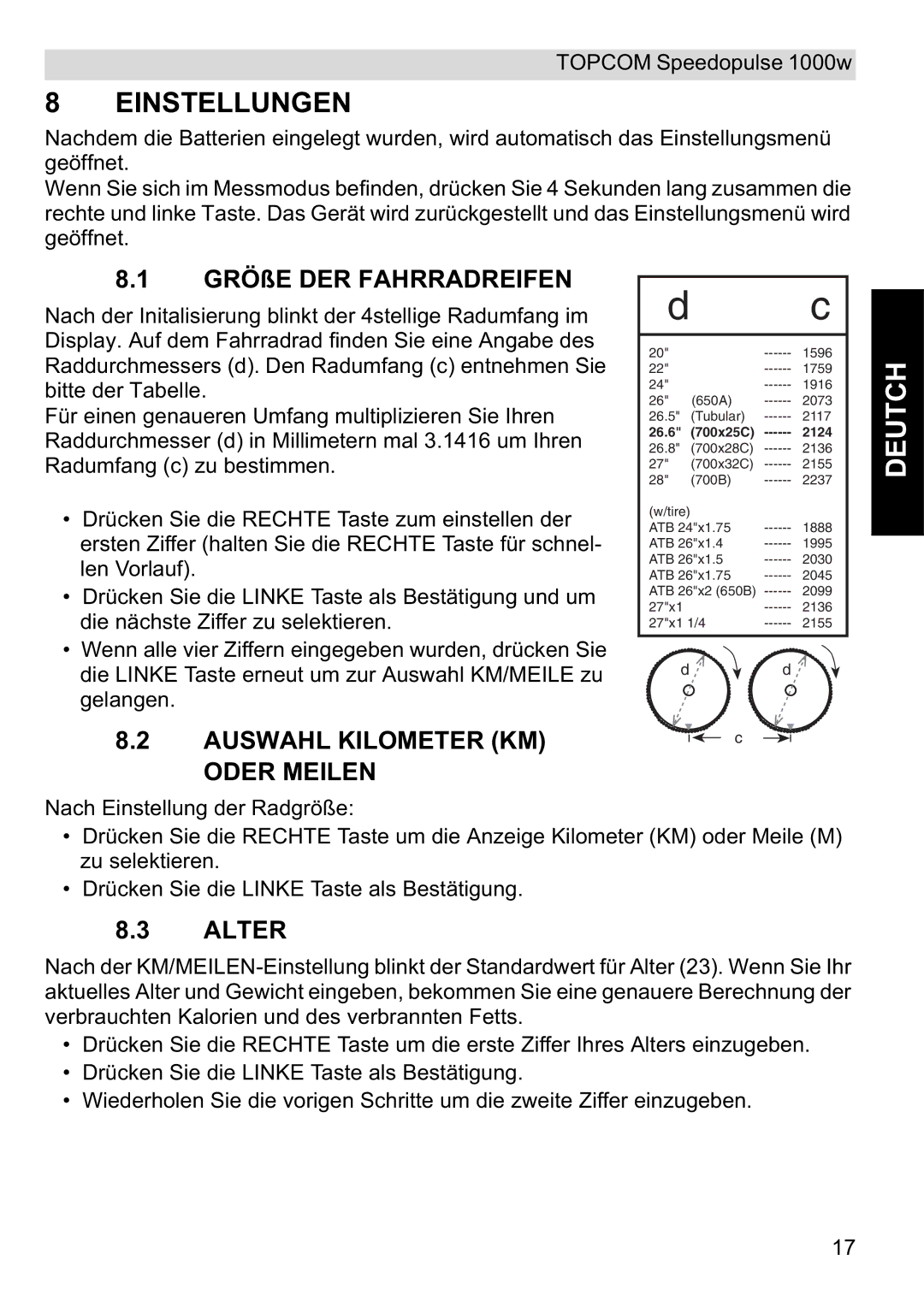 Topcom 1000W manual Einstellungen, Oder Meilen, Alter 