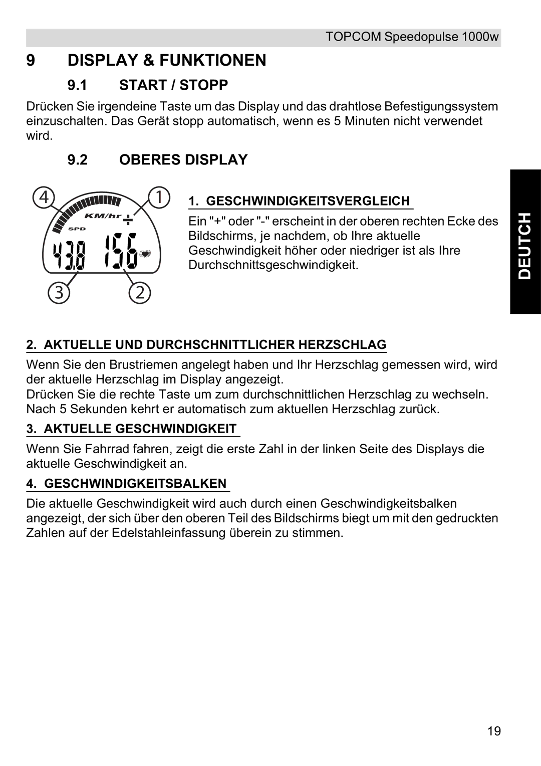 Topcom 1000W manual Display & Funktionen, Start / Stopp, Oberes Display 