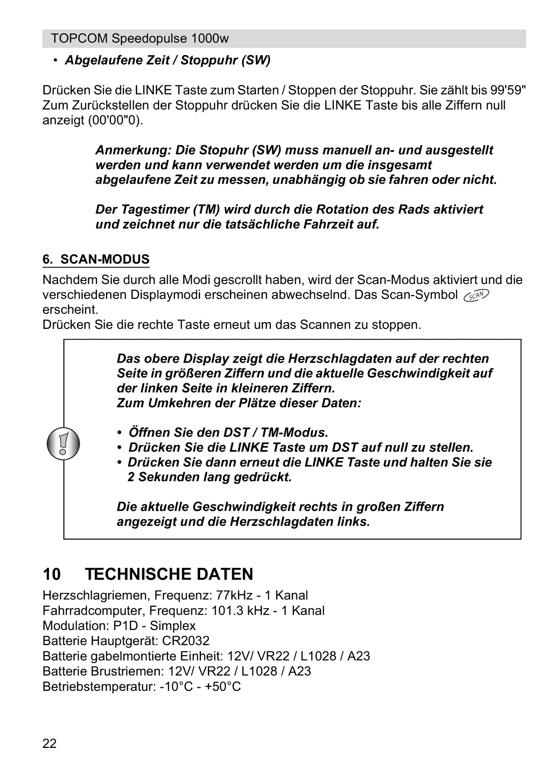 Topcom 1000W manual Technische Daten, Abgelaufene Zeit / Stoppuhr SW, Scan-Modus 