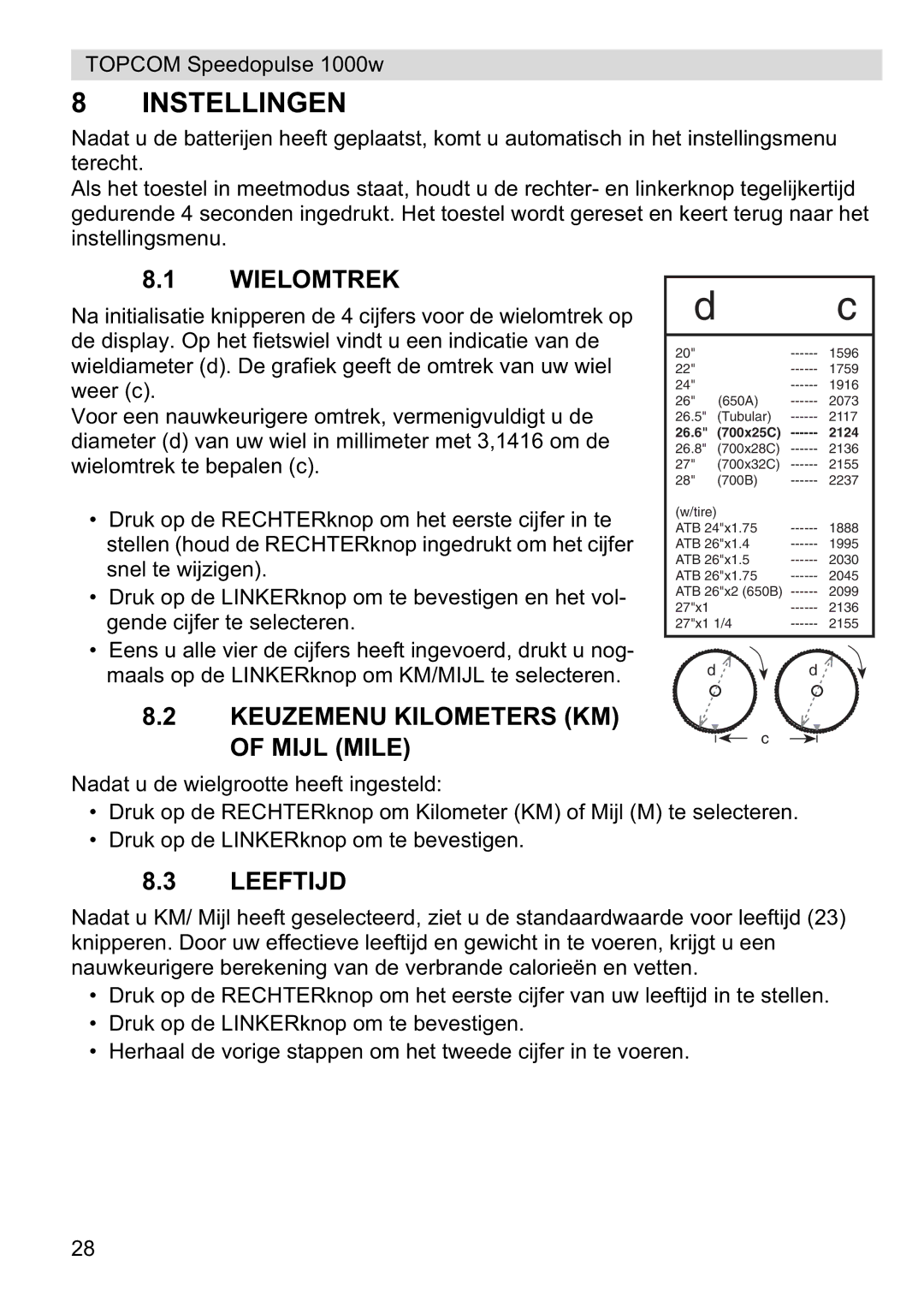 Topcom 1000W manual Instellingen, Wielomtrek, Keuzemenu Kilometers KM of Mijl Mile, Leeftijd 
