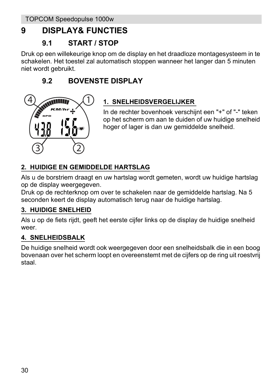 Topcom 1000W manual DISPLAY& Functies, Bovenste Display 