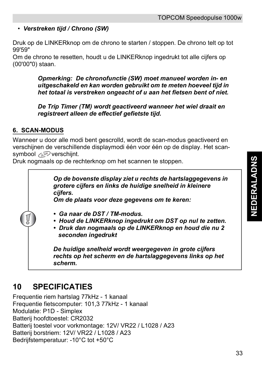 Topcom 1000W manual Specificaties, Verstreken tijd / Chrono SW 