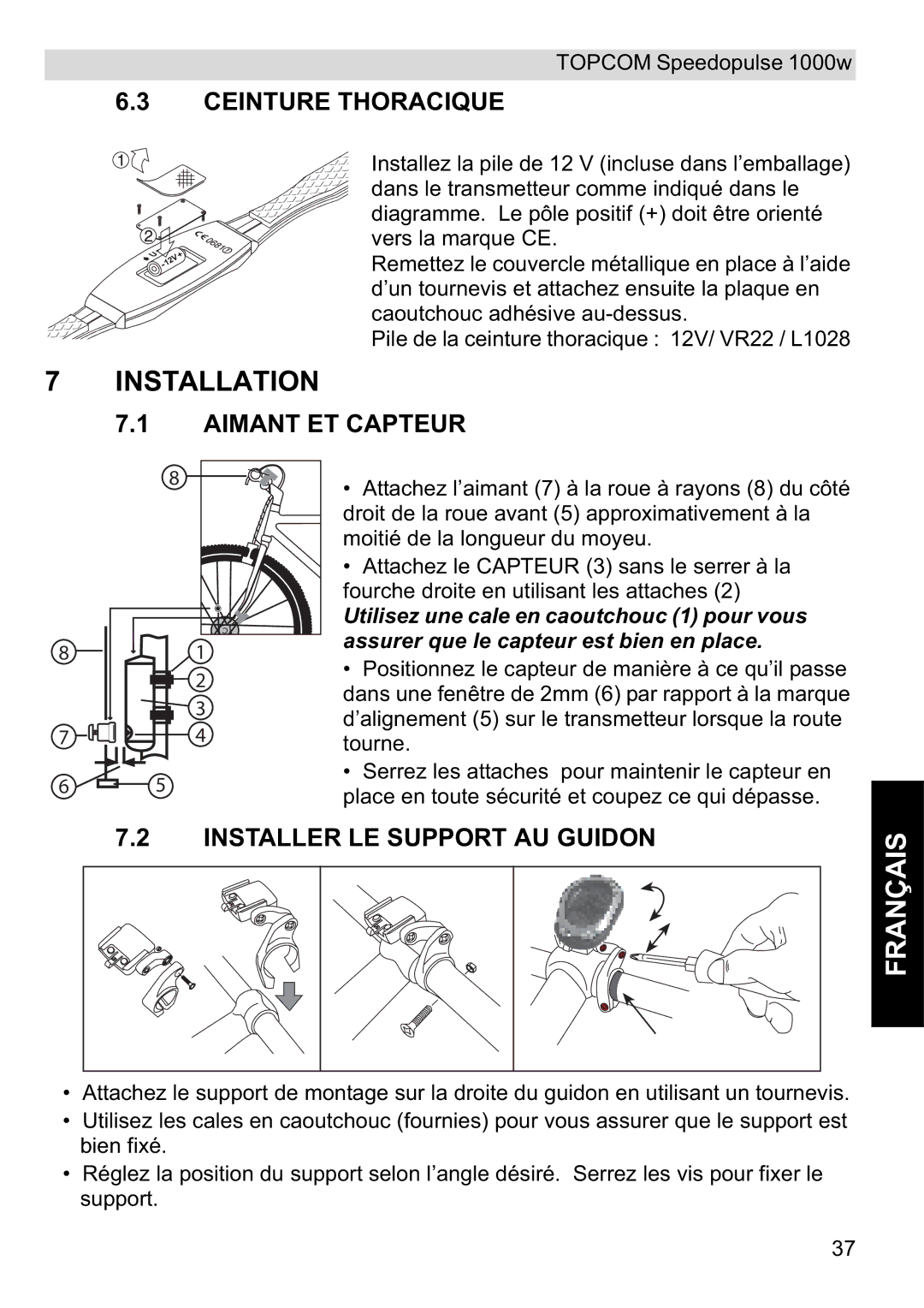 Topcom 1000W manual Installer LE Support AU Guidon, Ceinture Thoracique 