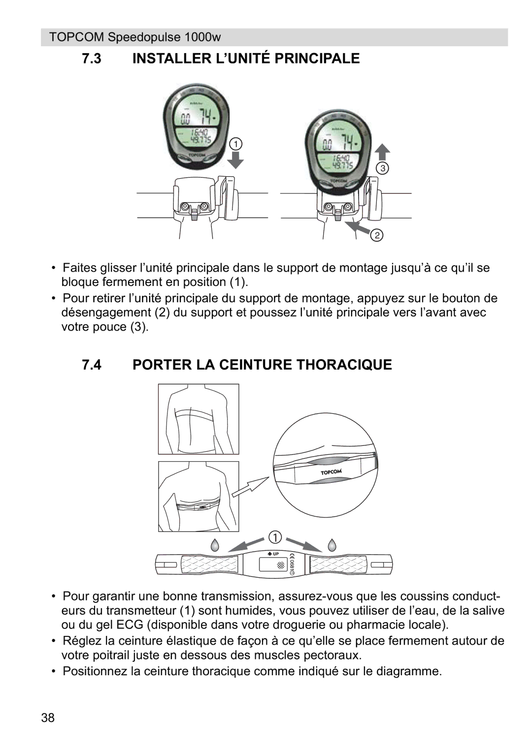 Topcom 1000W manual Installer L’UNITÉ Principale, Porter LA Ceinture Thoracique 