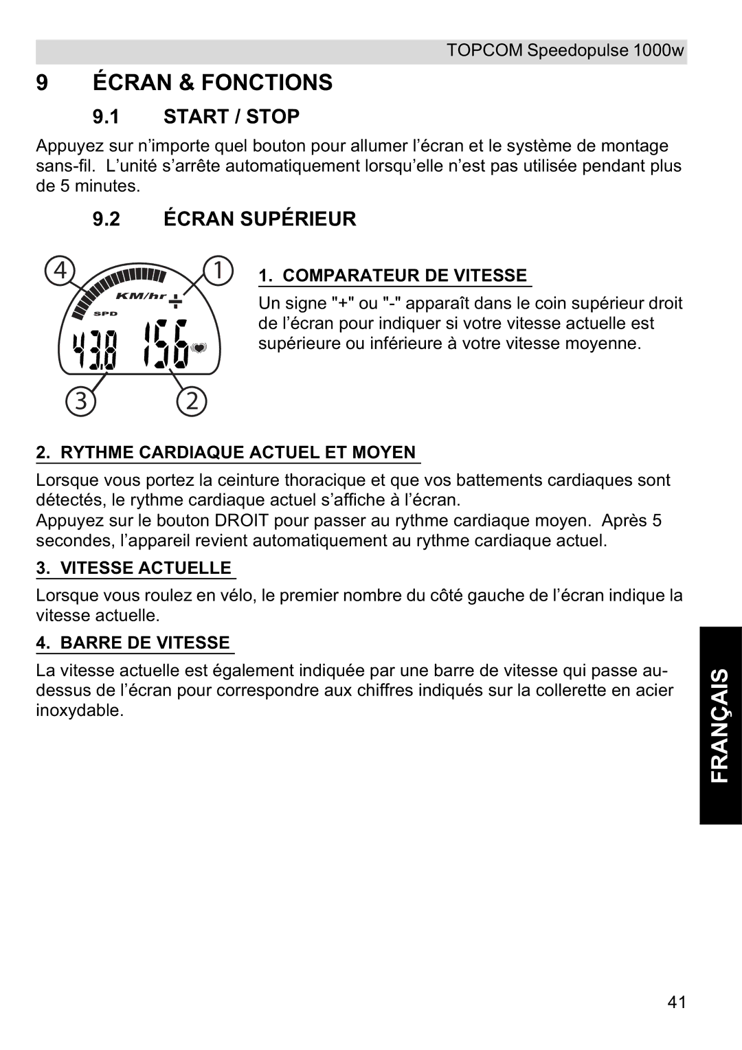 Topcom 1000W manual Écran & Fonctions, Écran Supérieur 