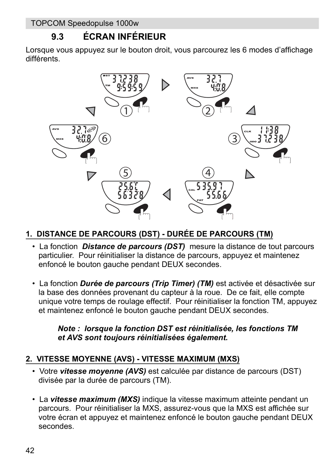 Topcom 1000W manual Écran Inférieur, Distance DE Parcours DST Durée DE Parcours TM, Vitesse Moyenne AVS Vitesse Maximum MXS 