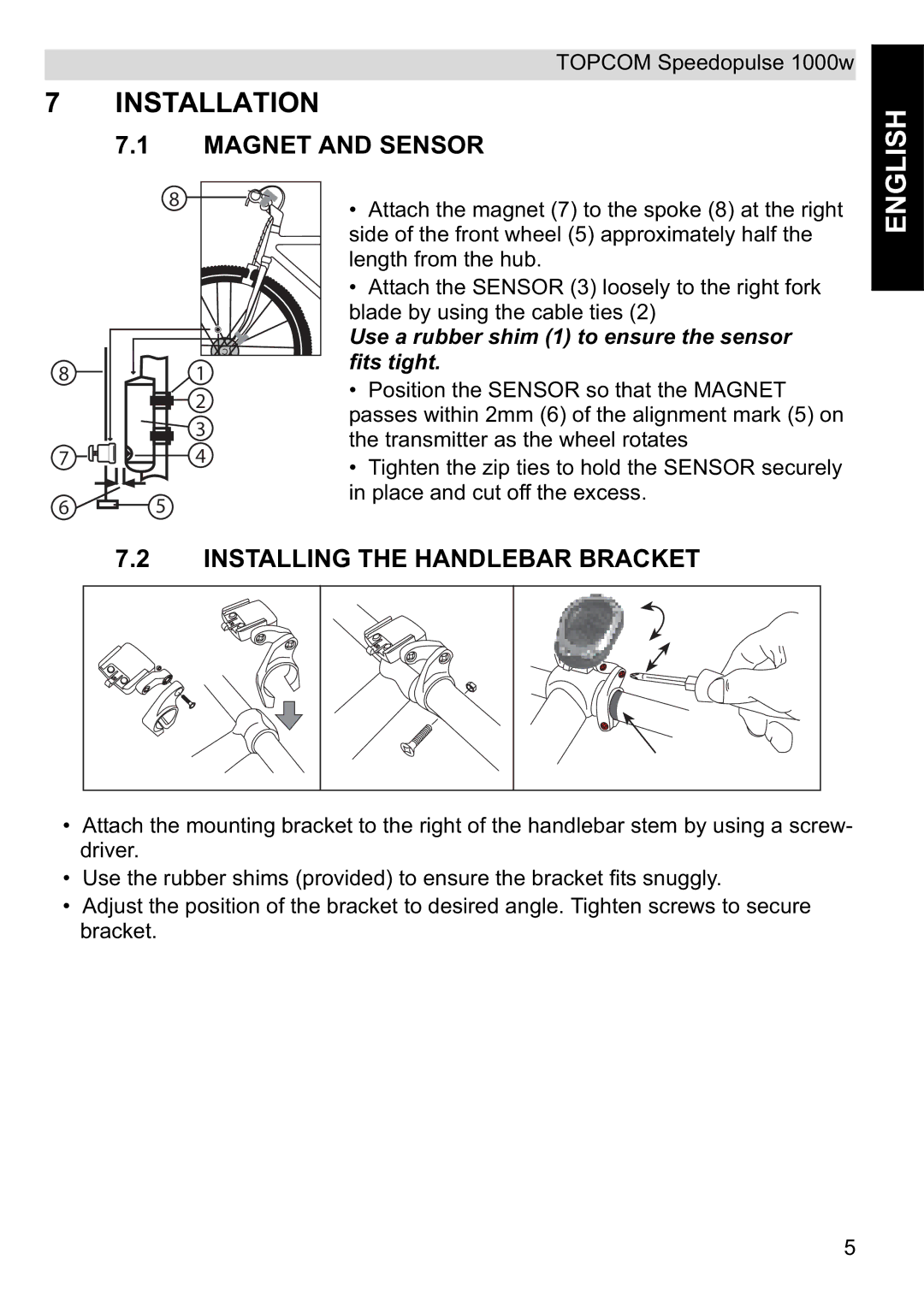 Topcom 1000W manual Installation, Magnet and Sensor, Installing the Handlebar Bracket 