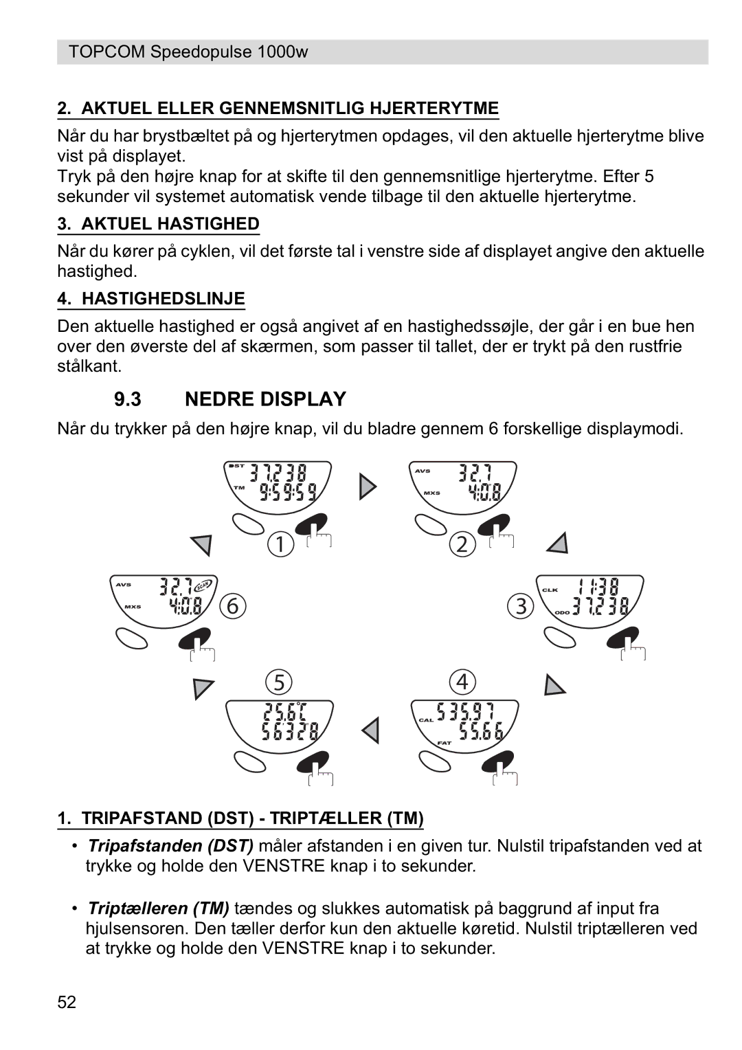 Topcom 1000W manual Nedre Display, Aktuel Eller Gennemsnitlig Hjerterytme, Aktuel Hastighed, Hastighedslinje 