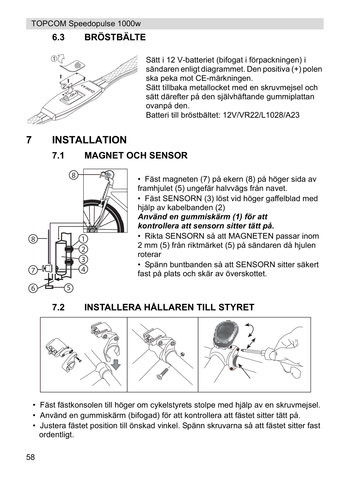 Topcom 1000W manual Bröstbälte, Magnet OCH Sensor, Installera Hållaren Till Styret 