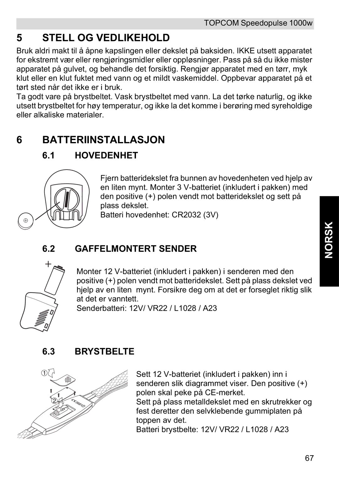 Topcom 1000W manual Stell OG Vedlikehold, Batteriinstallasjon, Hovedenhet, Gaffelmontert Sender, Brystbelte 