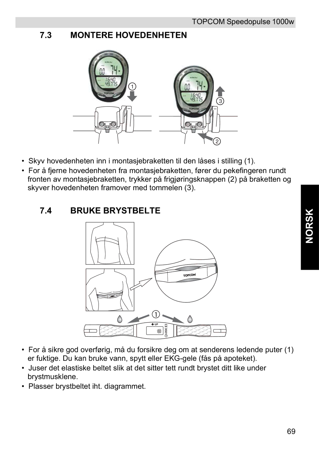 Topcom 1000W manual Montere Hovedenheten, Bruke Brystbelte 