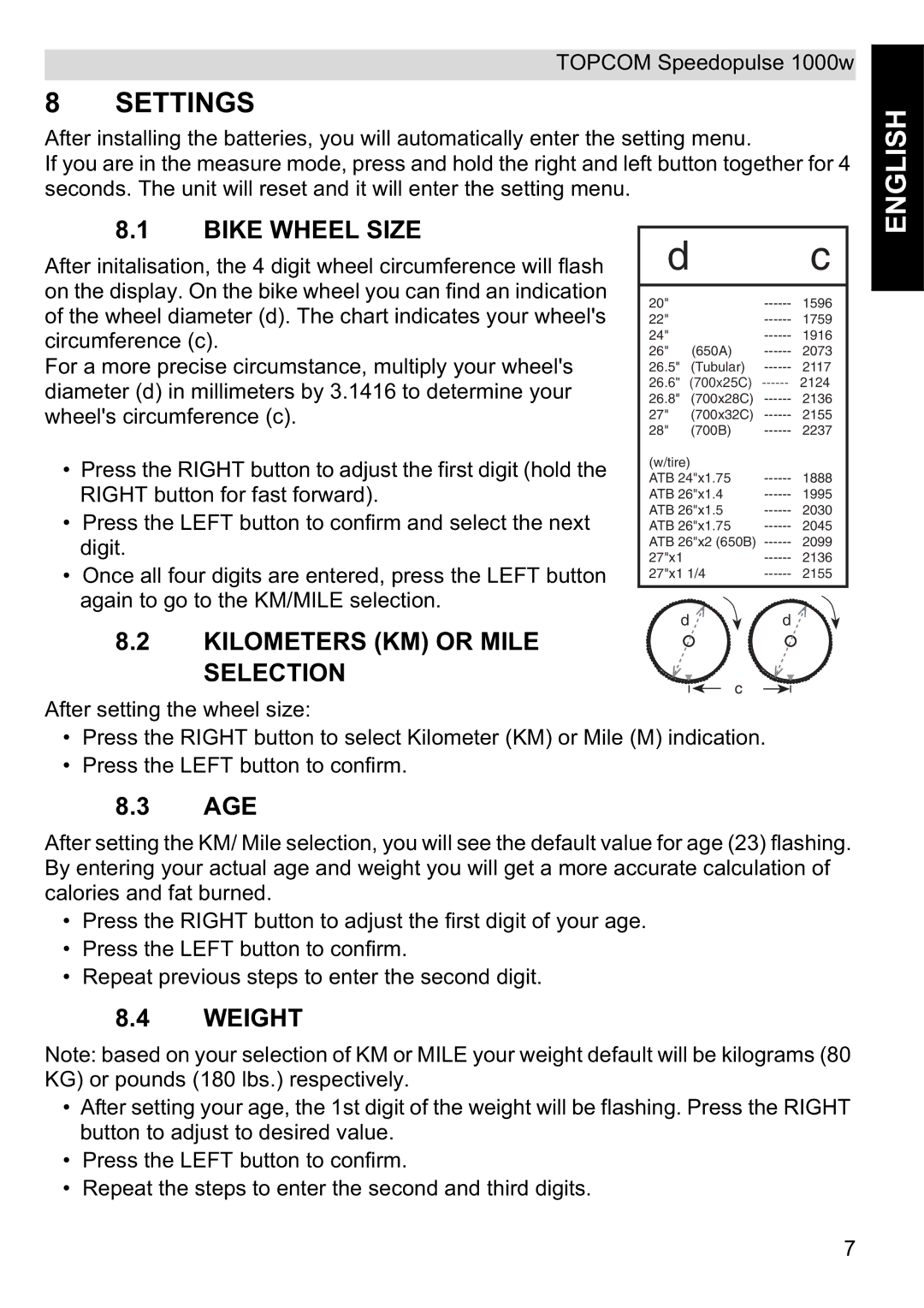 Topcom 1000W manual Settings, Bike Wheel Size, Kilometers KM or Mile Selection, Weight 