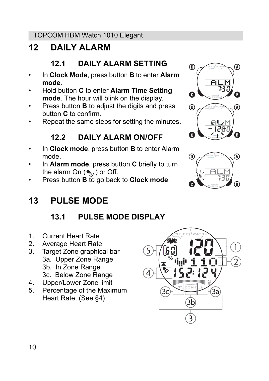 Topcom 1010 Elelgant manual Daily Alarm Setting, Daily Alarm ON/OFF, Pulse Mode Display 