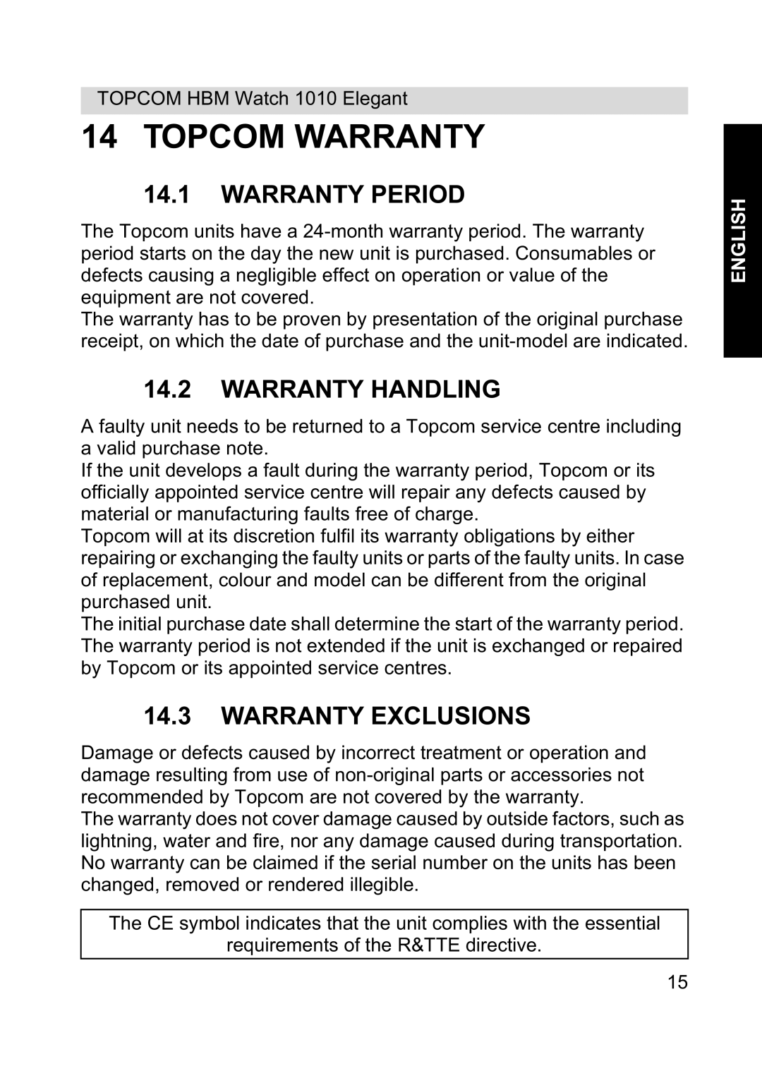 Topcom 1010 Elelgant manual Warranty Period, Warranty Handling, Warranty Exclusions 