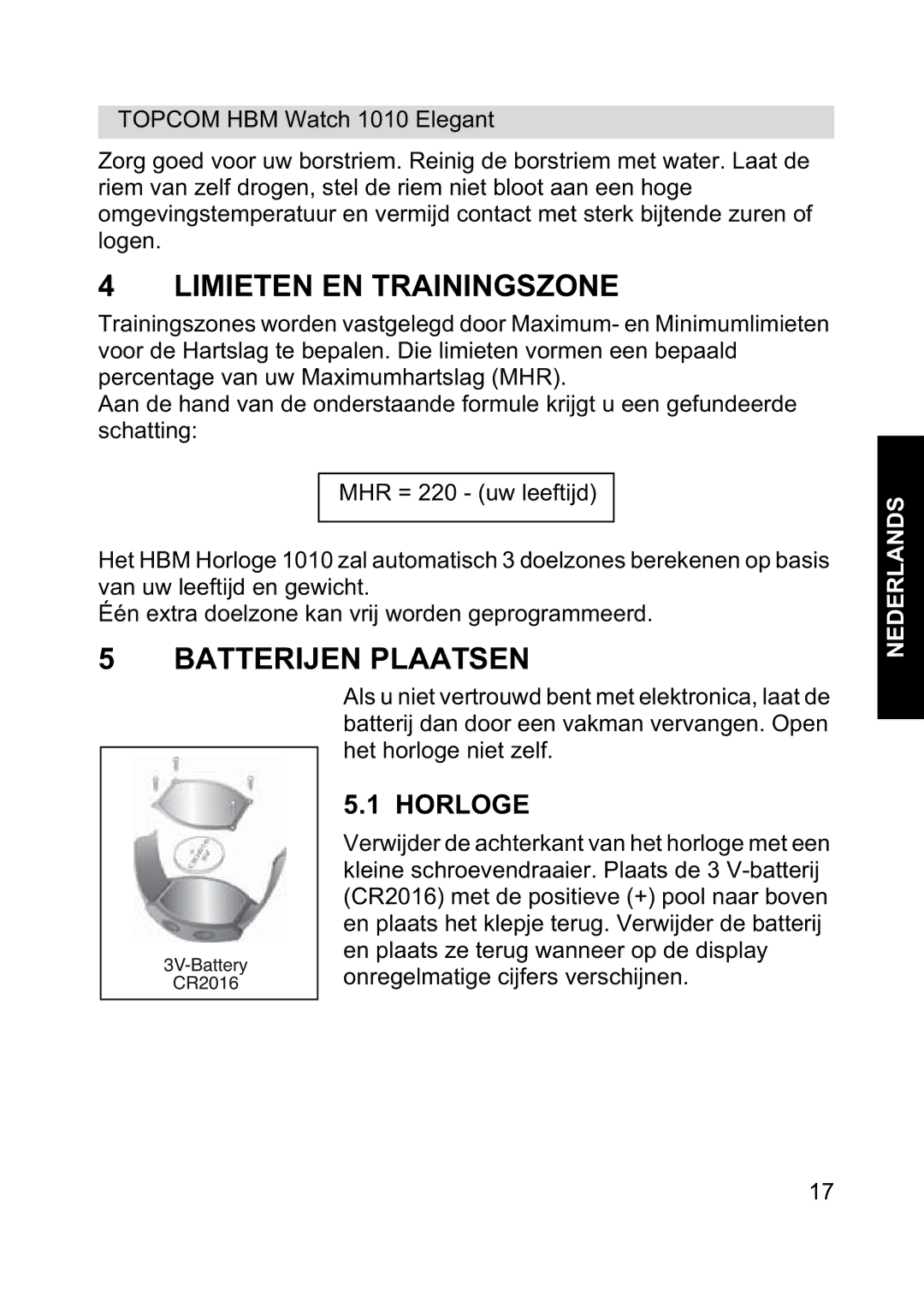 Topcom 1010 Elelgant manual Limieten EN Trainingszone, Batterijen Plaatsen, Horloge 