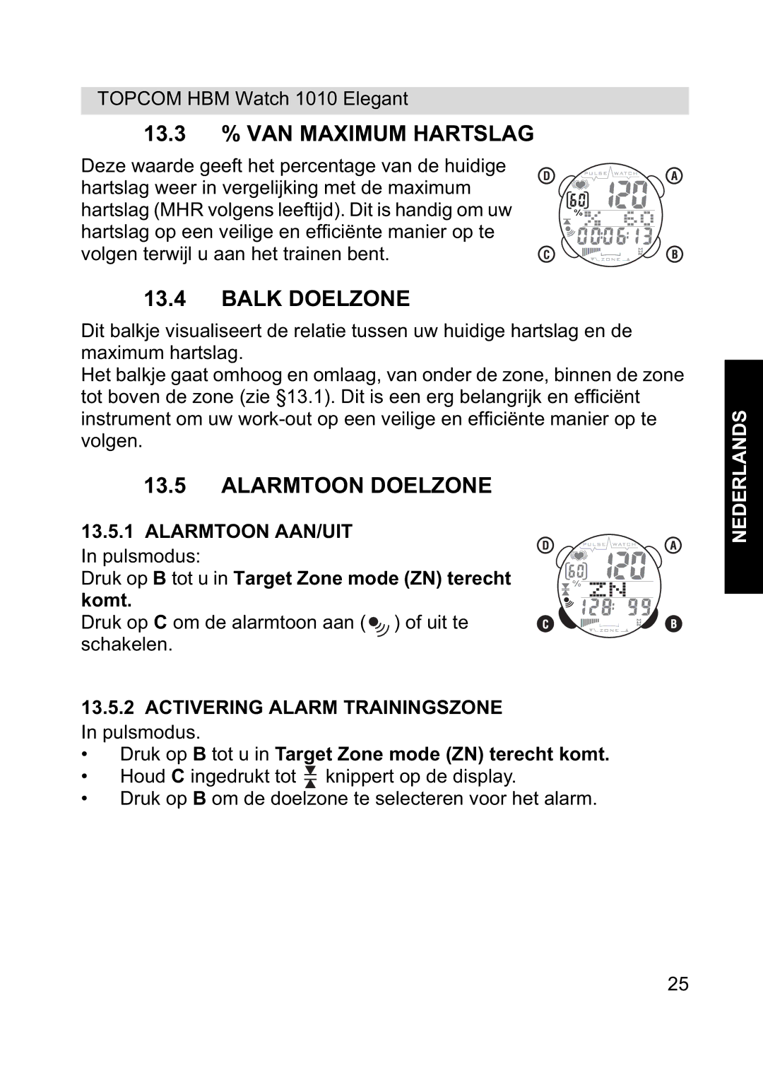 Topcom 1010 Elelgant manual 13.3 % VAN Maximum Hartslag, Balk Doelzone, Alarmtoon Doelzone, Alarmtoon AAN/UIT 