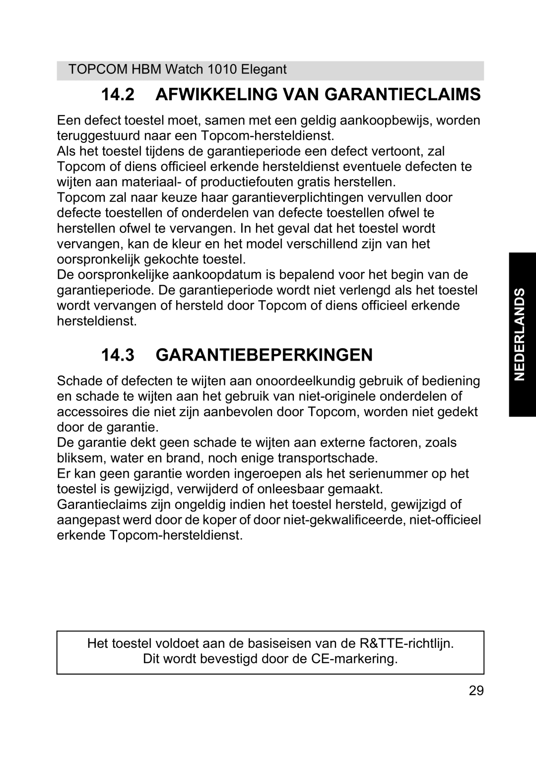 Topcom 1010 Elelgant manual Afwikkeling VAN Garantieclaims, Garantiebeperkingen 