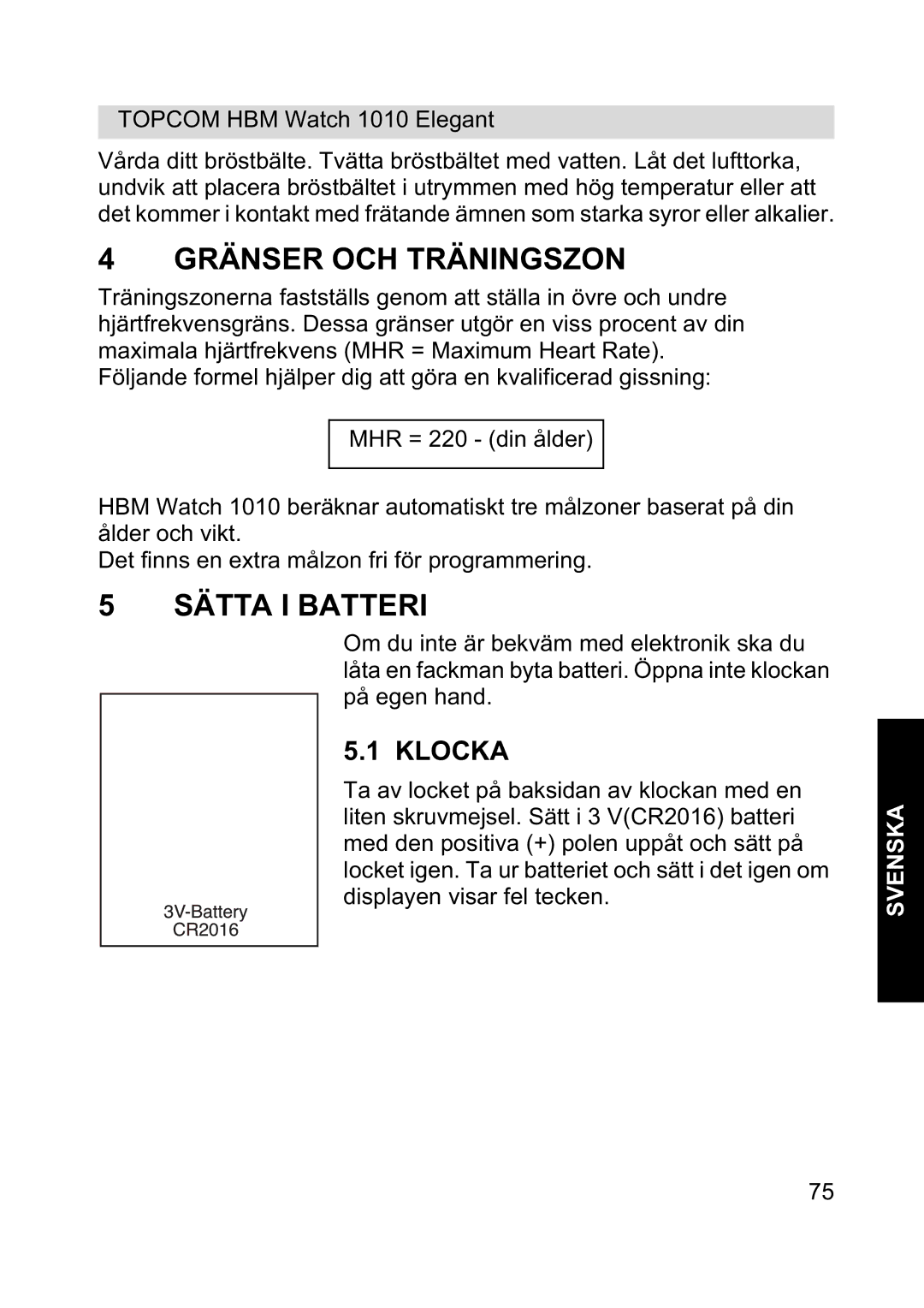 Topcom 1010 Elelgant manual Gränser OCH Träningszon, Sätta I Batteri, Klocka 