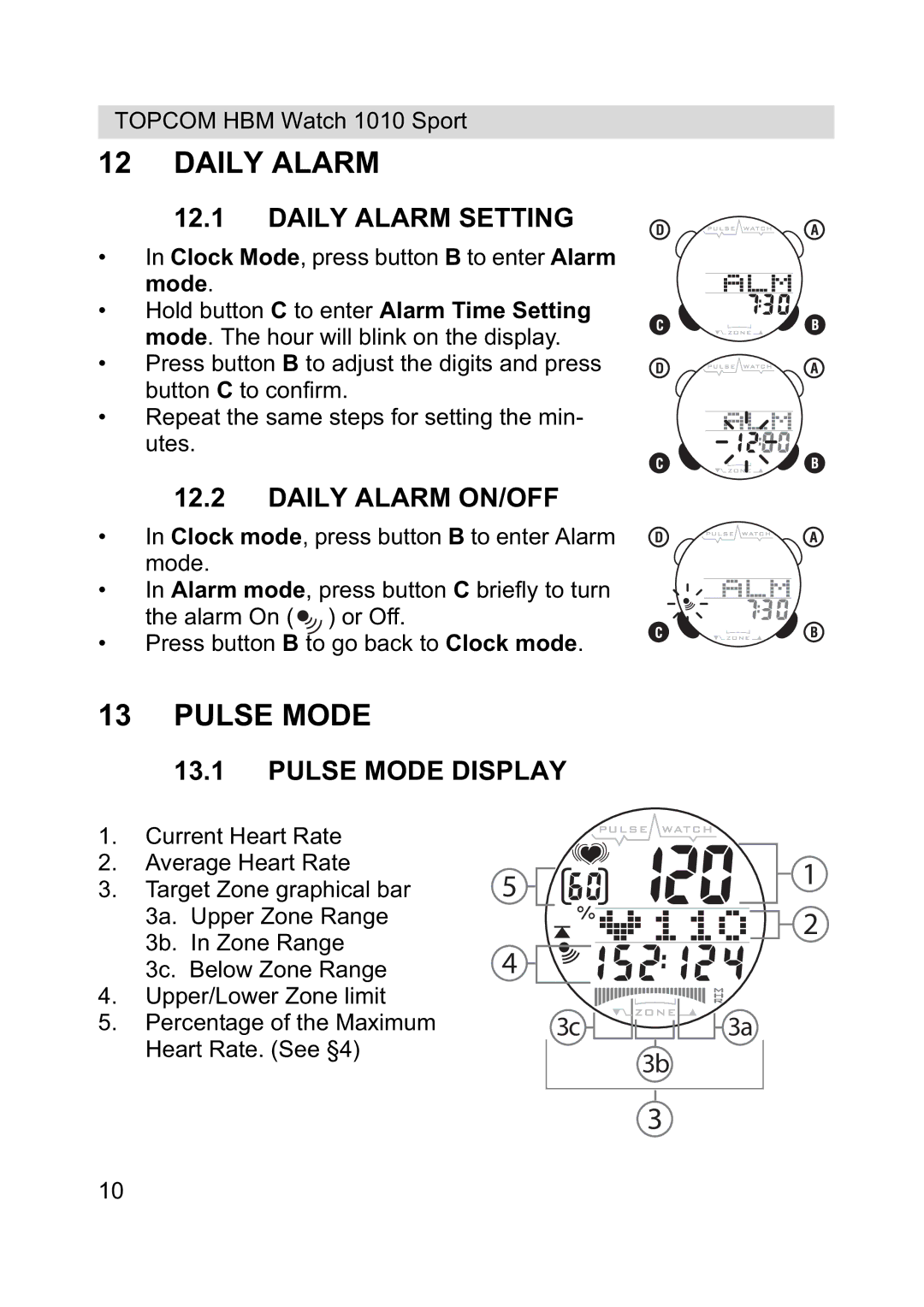 Topcom 1010 Sport manual Daily Alarm Setting, Daily Alarm ON/OFF, Pulse Mode Display 