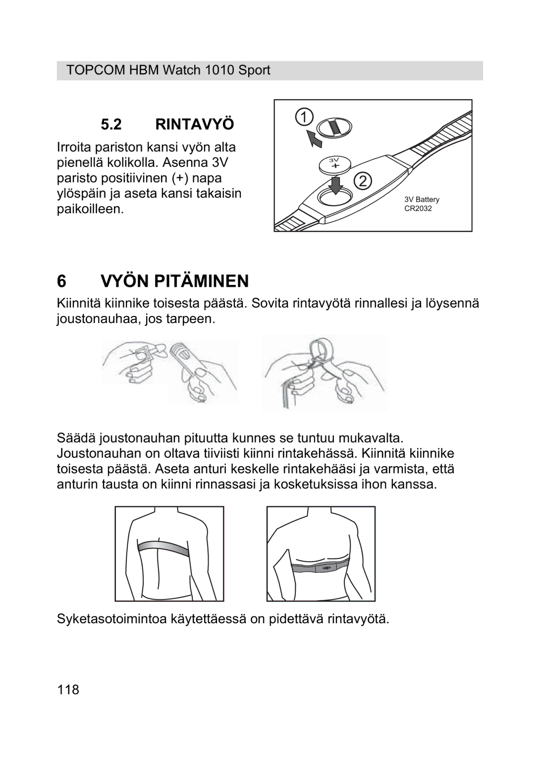 Topcom 1010 Sport manual Vyön Pitäminen, Rintavyö 