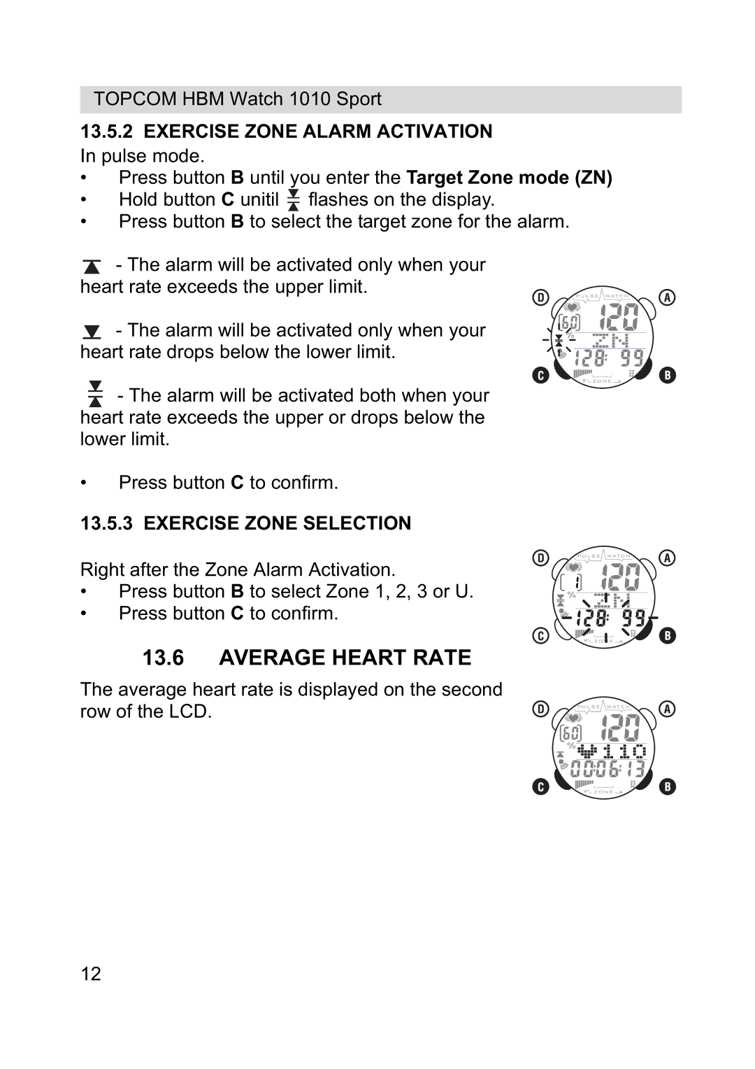 Topcom 1010 Sport manual Average Heart Rate, Exercise Zone Alarm Activation, Exercise Zone Selection 