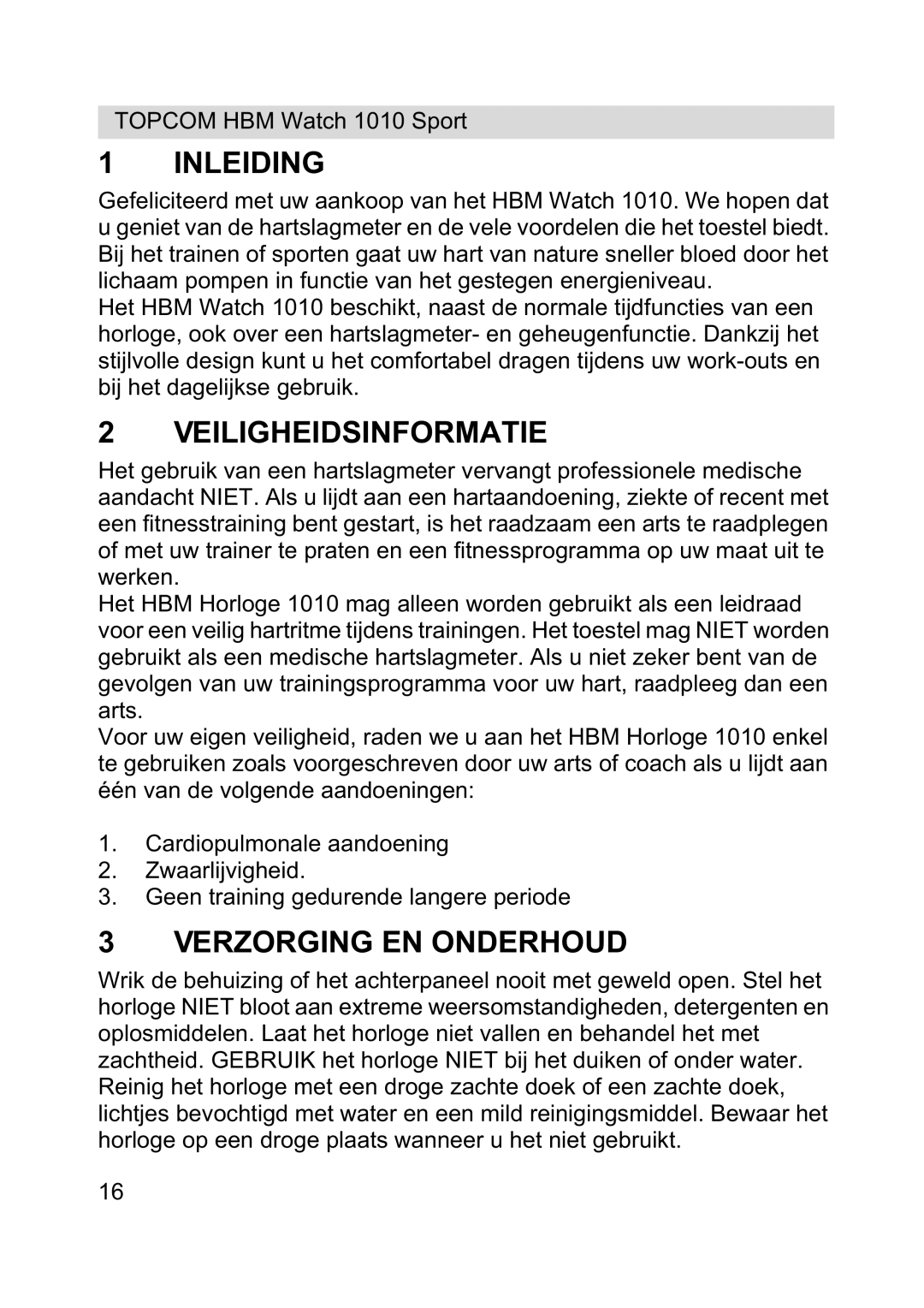 Topcom 1010 Sport manual Inleiding, Veiligheidsinformatie, Verzorging EN Onderhoud 