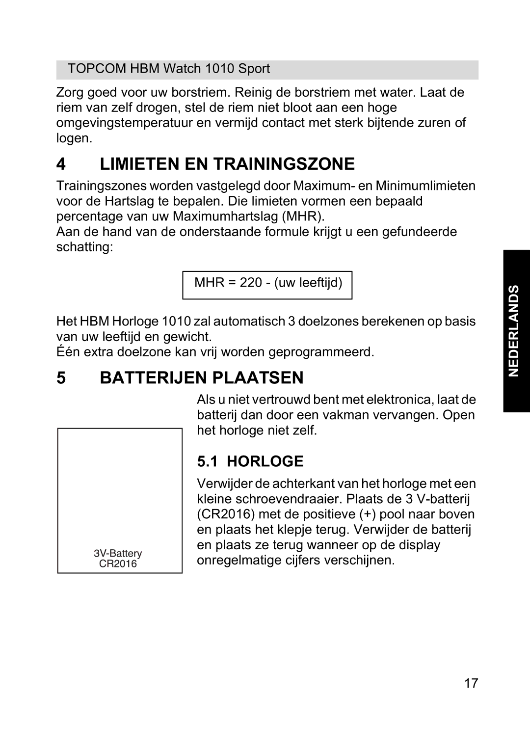 Topcom 1010 Sport manual Limieten EN Trainingszone, Batterijen Plaatsen, Horloge 