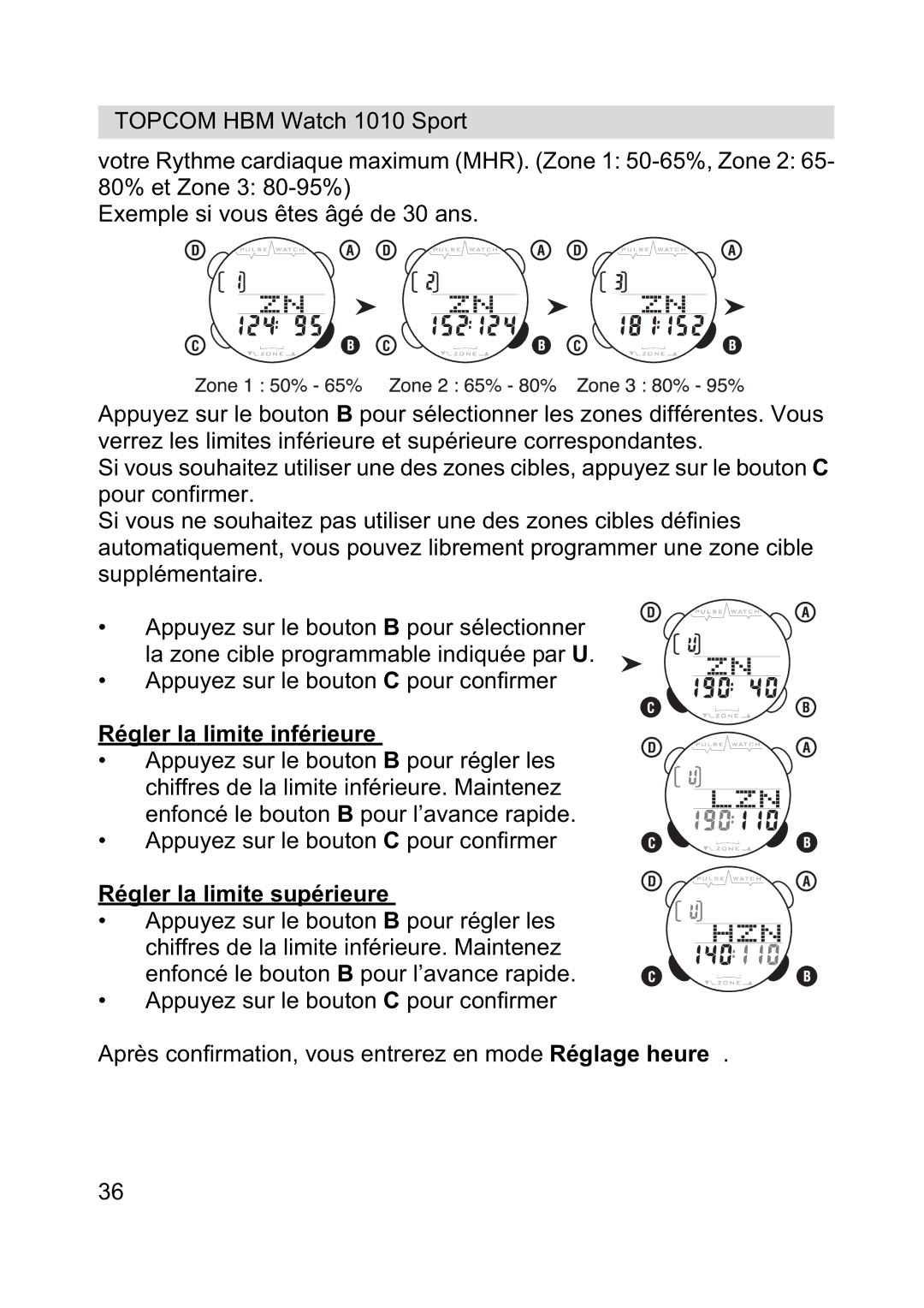 Topcom 1010 Sport manual Régler la limite inférieure, Régler la limite supérieure 