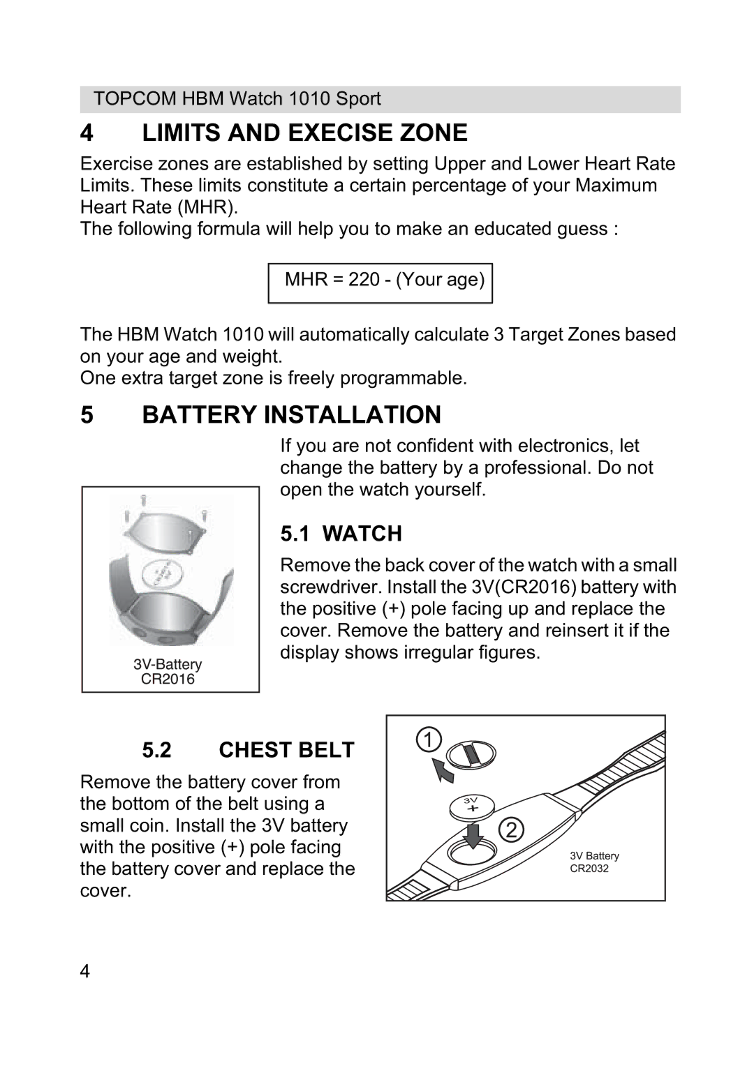 Topcom 1010 Sport manual Limits and Execise Zone, Battery Installation, Watch, Chest Belt 