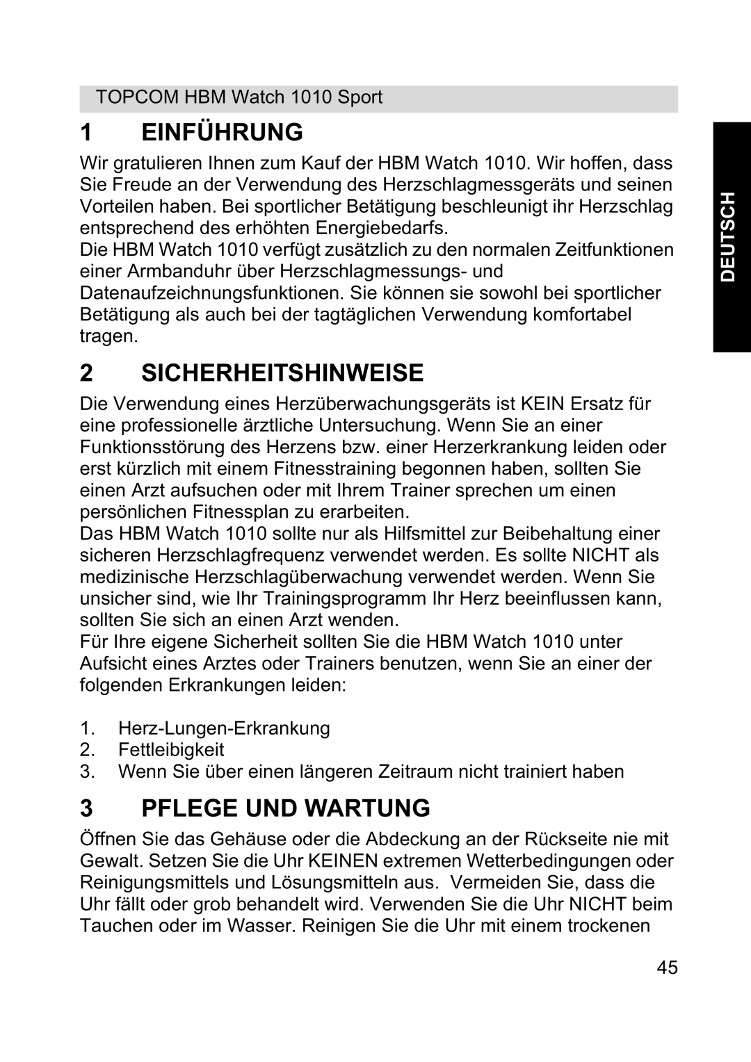 Topcom 1010 Sport manual Einführung, Sicherheitshinweise, Pflege UND Wartung 