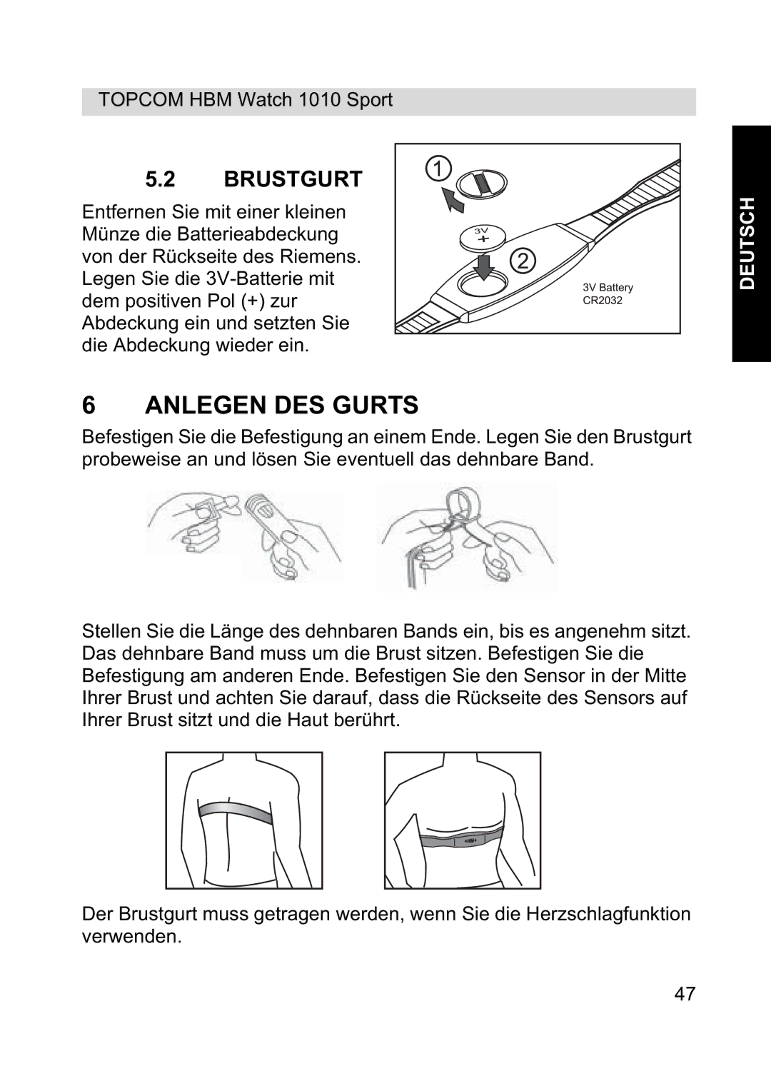 Topcom 1010 Sport manual Anlegen DES Gurts, Brustgurt 