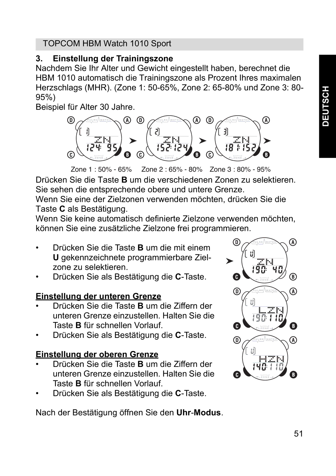 Topcom 1010 Sport manual Einstellung der Trainingszone, Einstellung der unteren Grenze, Einstellung der oberen Grenze 