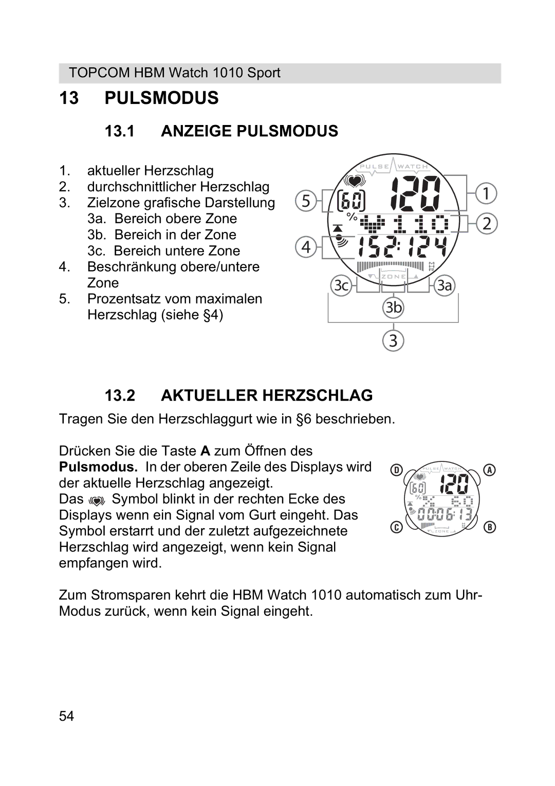 Topcom 1010 Sport manual Anzeige Pulsmodus, Aktueller Herzschlag 