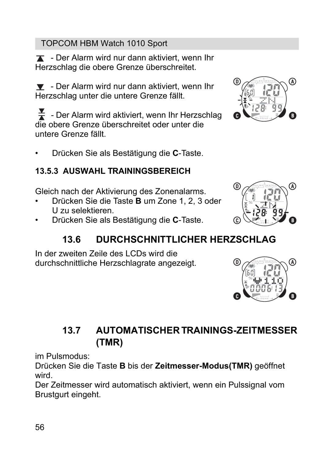 Topcom 1010 Sport manual Durchschnittlicher Herzschlag, Automatischer TRAININGS-ZEITMESSER TMR, Auswahl Trainingsbereich 