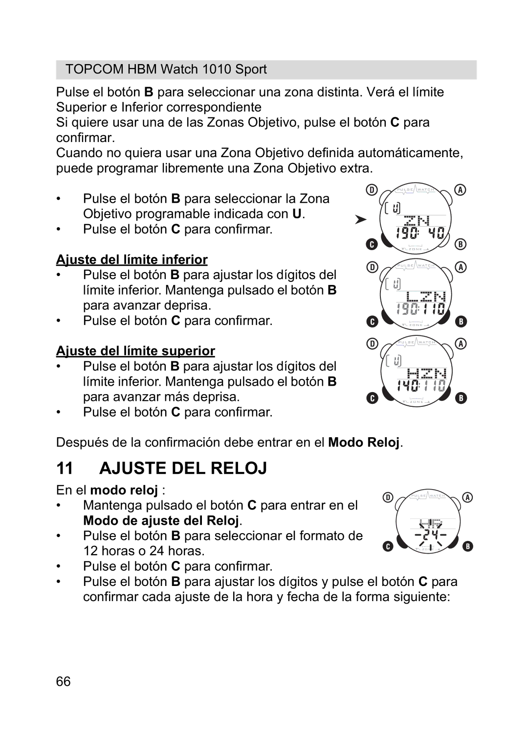 Topcom 1010 Sport manual Ajuste DEL Reloj, Ajuste del límite inferior, Ajuste del límite superior, En el modo reloj 