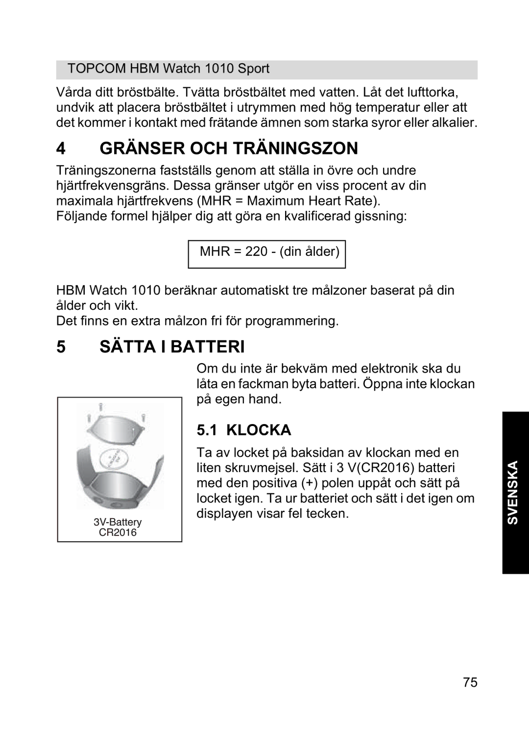 Topcom 1010 Sport manual Gränser OCH Träningszon, Sätta I Batteri, Klocka 