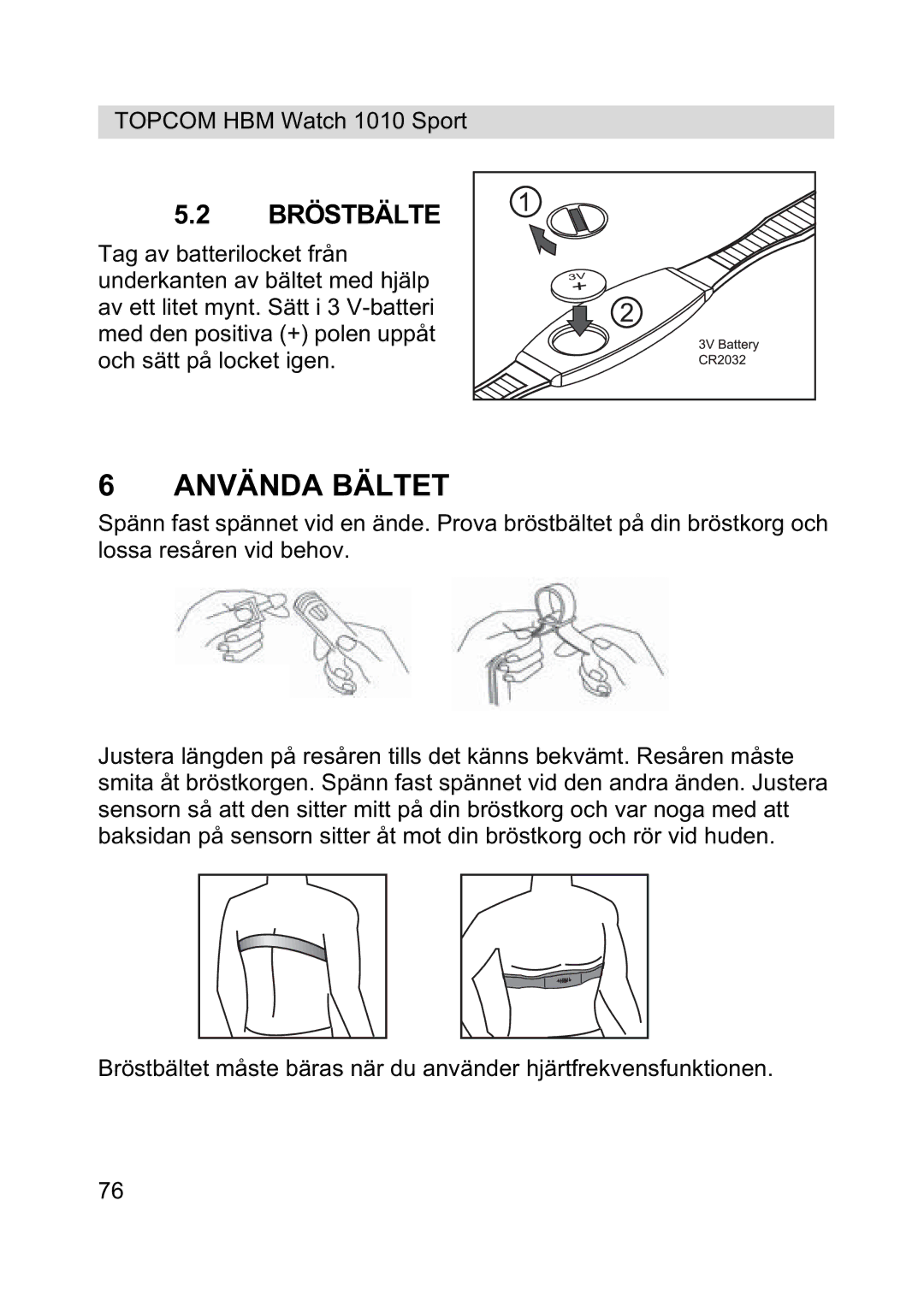 Topcom 1010 Sport manual Använda Bältet, Bröstbälte 