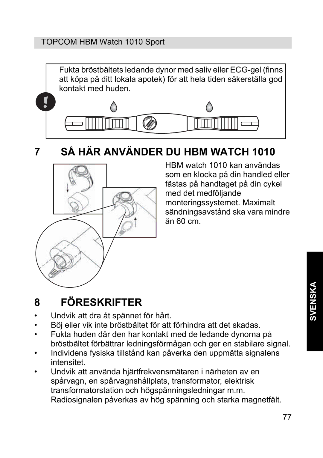 Topcom 1010 Sport manual SÅ HÄR Använder DU HBM Watch, Föreskrifter 