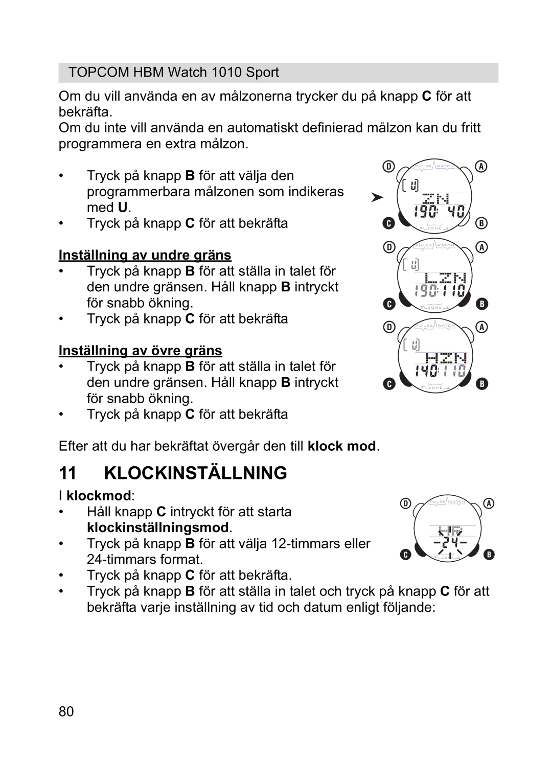 Topcom 1010 Sport manual Klockinställning, Inställning av undre gräns, Inställning av övre gräns, Klockmod 