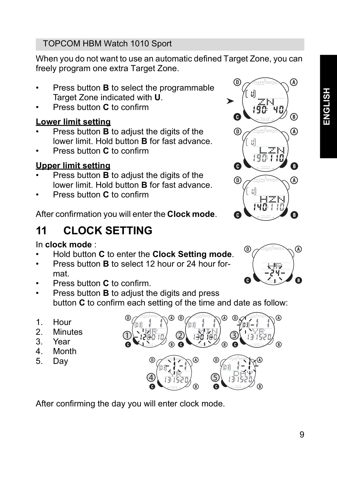 Topcom 1010 Sport manual Clock Setting, Lower limit setting, Upper limit setting, Clock mode 