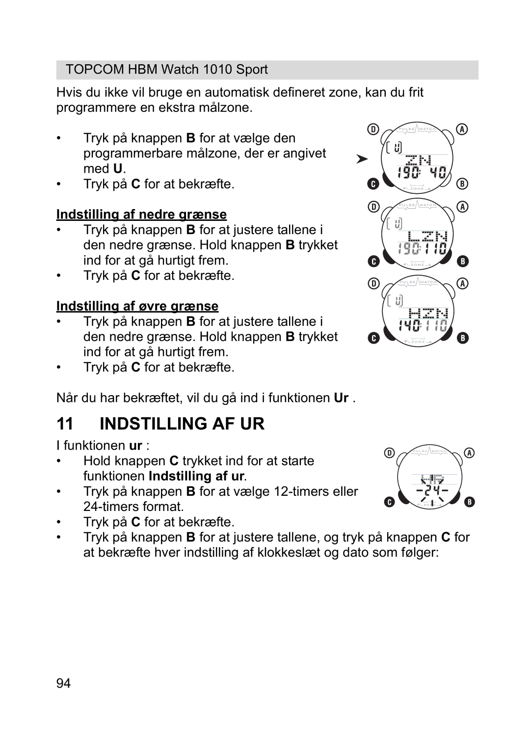 Topcom 1010 Sport manual Indstilling AF UR, Indstilling af nedre grænse, Indstilling af øvre grænse 