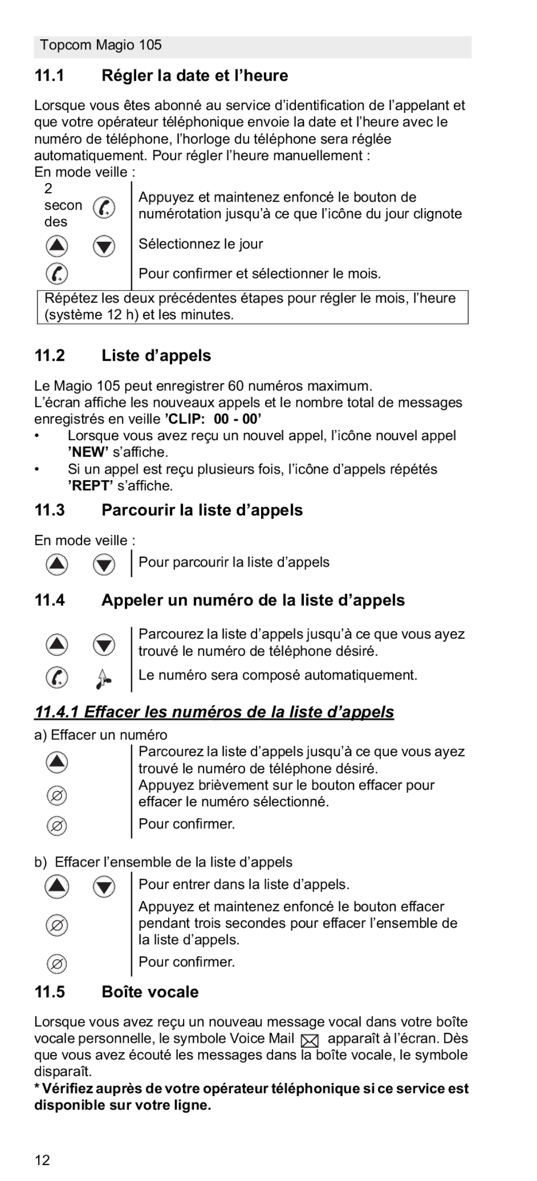 Topcom 105 Parcourir la liste d’appels, Appeler un numéro de la liste d’appels, Effacer les numéros de la liste d’appels 