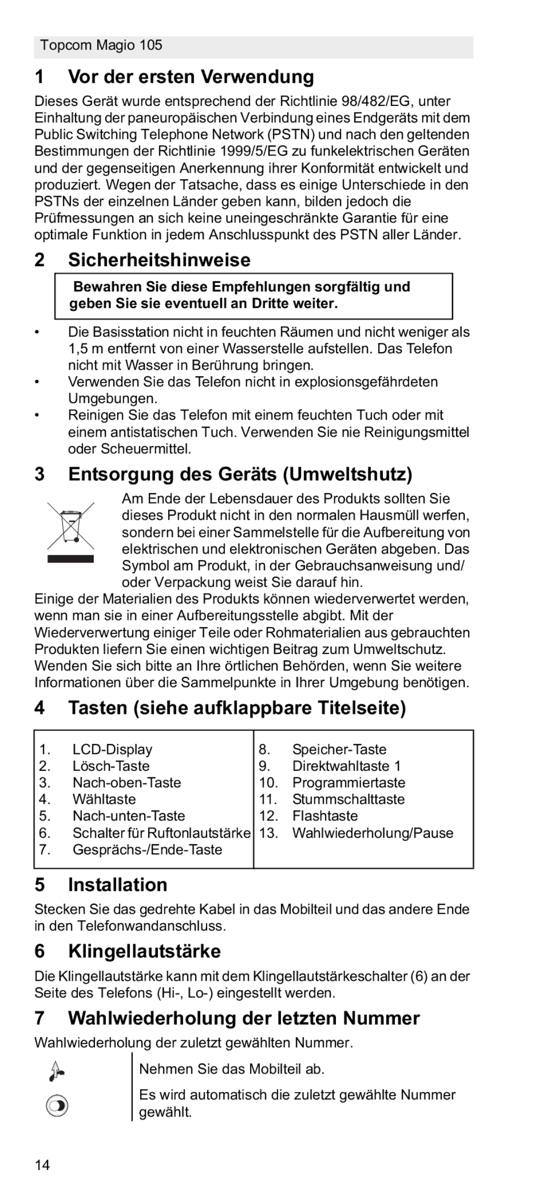 Topcom 105 Vor der ersten Verwendung, Sicherheitshinweise, Entsorgung des Geräts Umweltshutz, Klingellautstärke 
