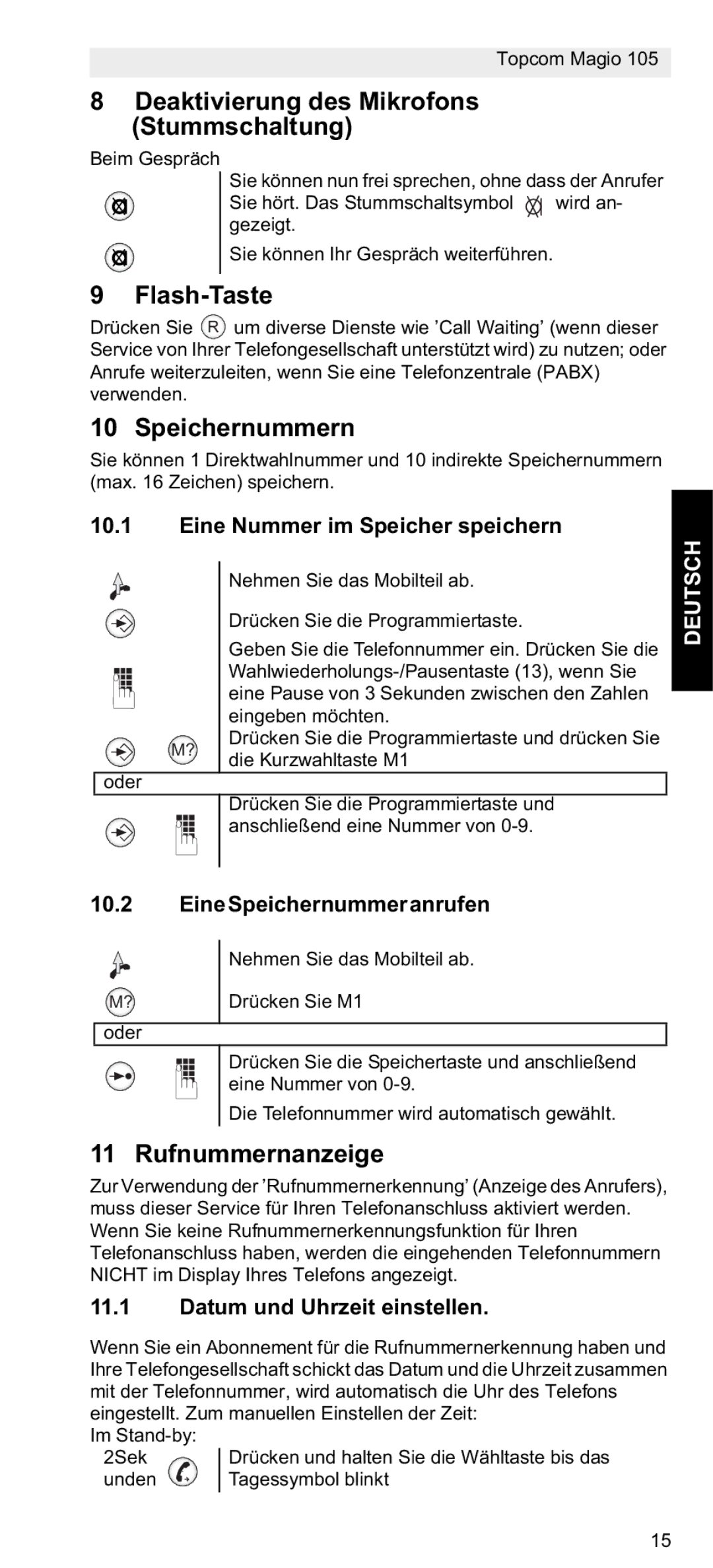 Topcom 105 manual do utilizador Flash-Taste, Speichernummern, Rufnummernanzeige, Deutsch 