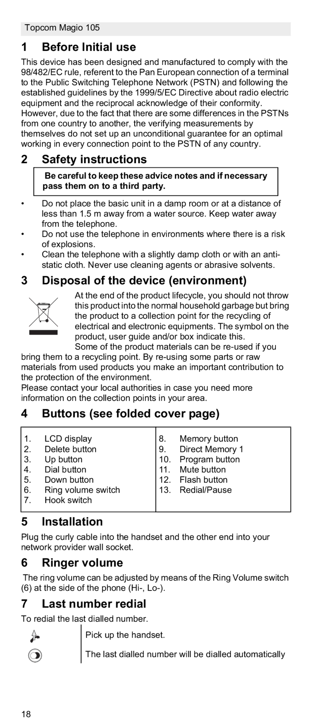 Topcom 105 Before Initial use, Safety instructions, Disposal of the device environment, Buttons see folded cover 