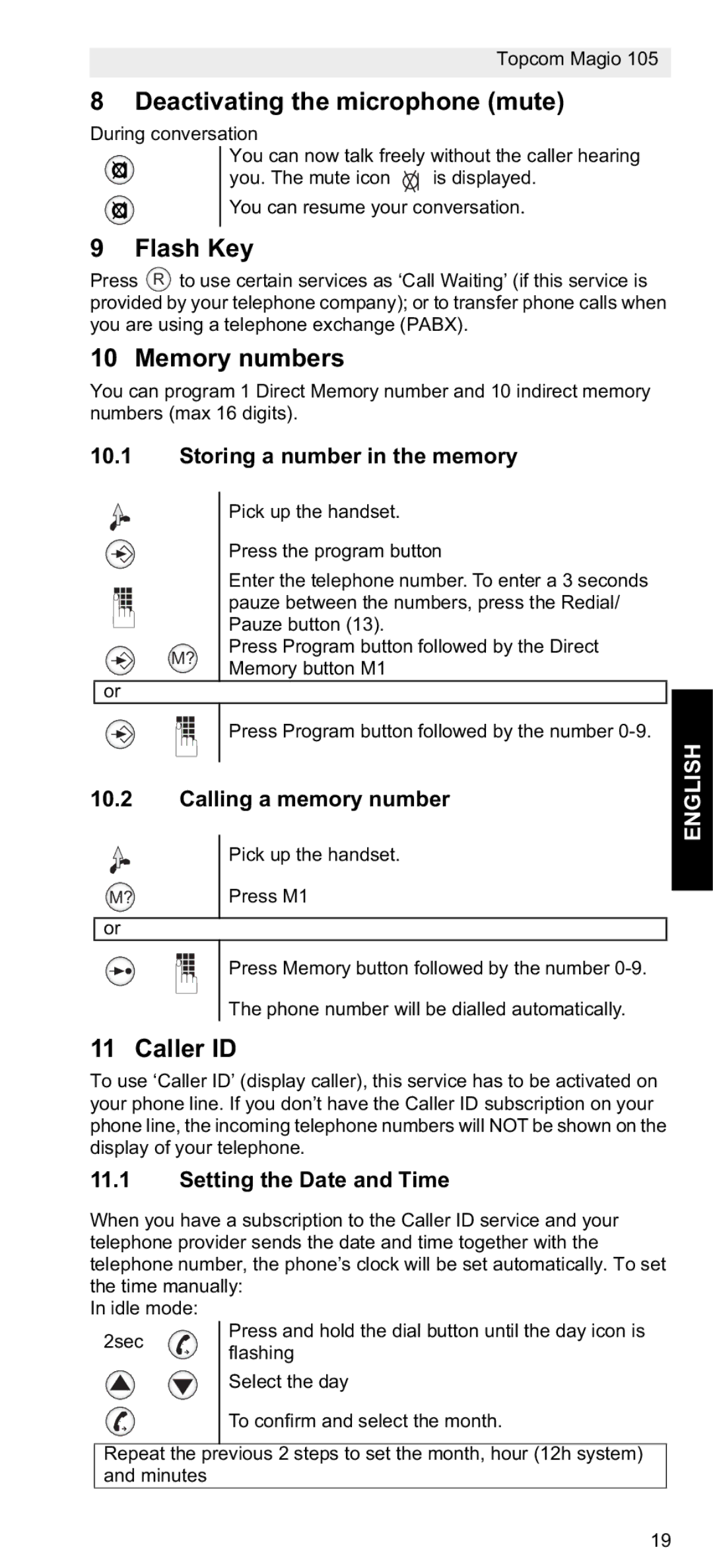 Topcom 105 manual do utilizador Deactivating the microphone mute, Flash Key, Memory numbers, Caller ID, English 