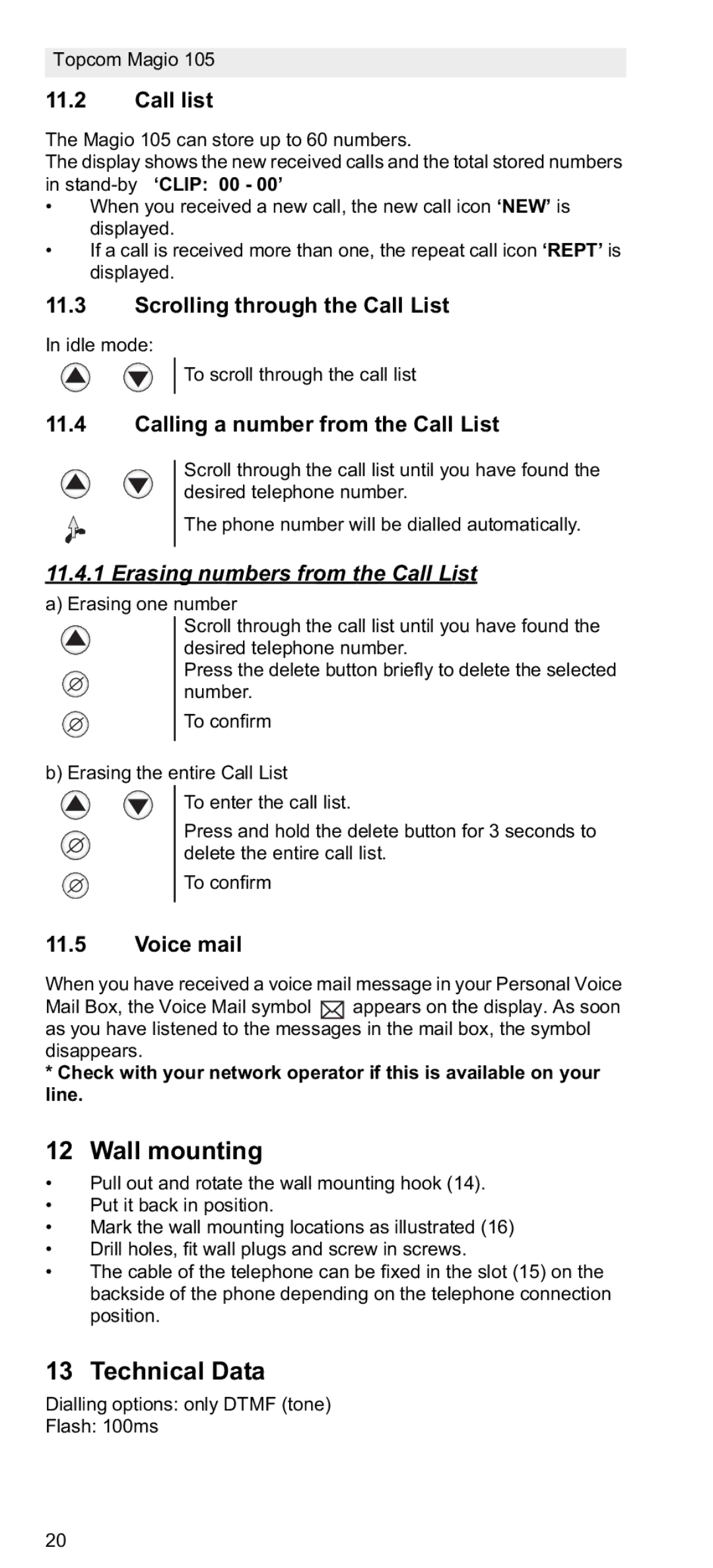 Topcom 105 manual do utilizador Wall mounting, Technical Data, Erasing numbers from the Call List 