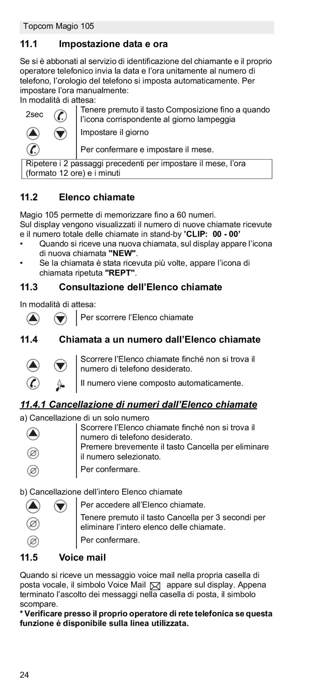 Topcom 105 Impostazione data e ora, Consultazione dell’Elenco chiamate, Chiamata a un numero dall’Elenco chiamate 