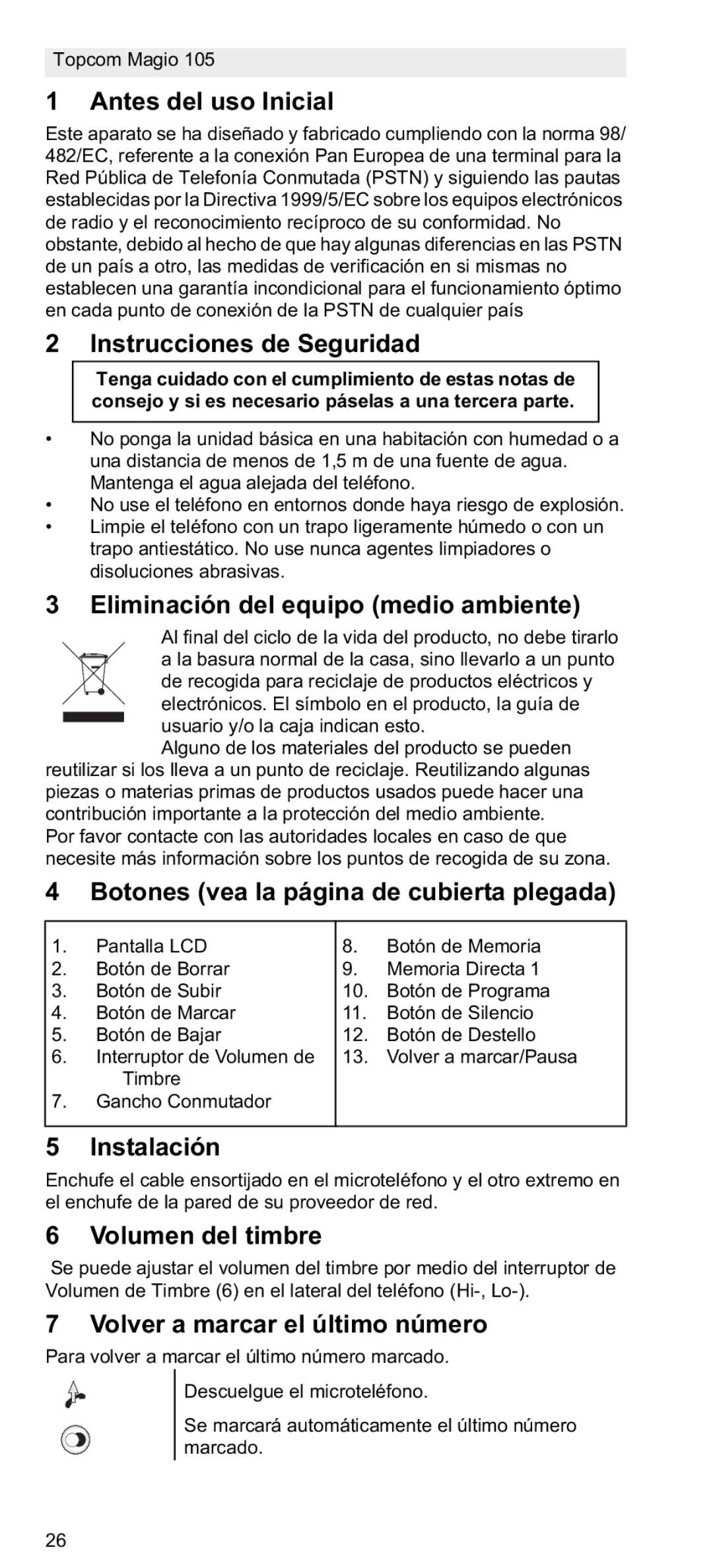 Topcom 105 Antes del uso Inicial, Instrucciones de Seguridad, Eliminación del equipo medio ambiente, Instalación 